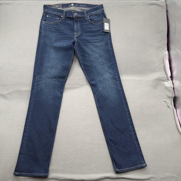 7 For All Mankind Jeans Mens 33 Slimmy Slim Straight Dark Wash Stretch NWT - Picture 1 of 10
